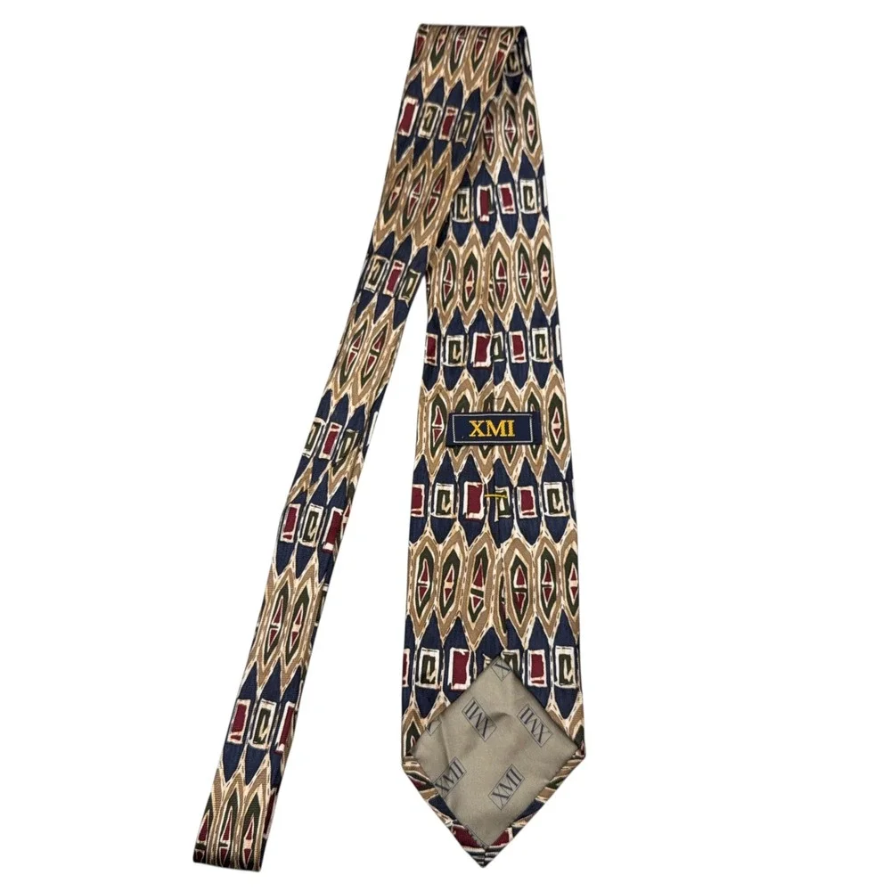 XMI Mens Silk Tie Hand Made in USA Geometric Pattern‎ Necktie
